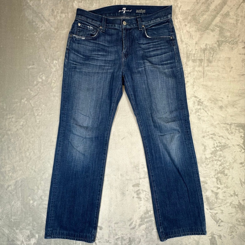 Mens 32 7 For All Mankind Austyn Straight Leg Jeans Medium Blue Wash Made USA